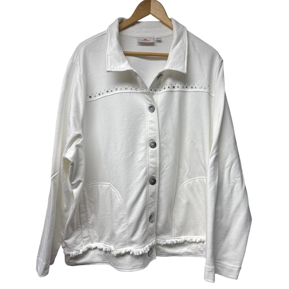 Quacker Factory Plus Size 3X White Rhinestone Sweatshirt Jacket Button Up Top